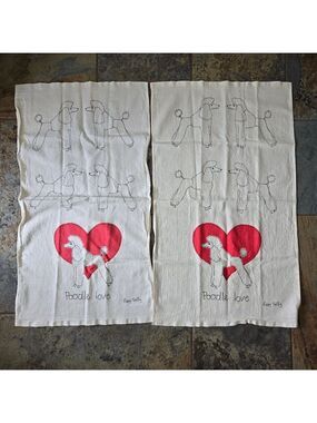 Anthropologie Poppy Treffy Set of 2 Tea Towels "Poodle Love" Unbleached Cotton